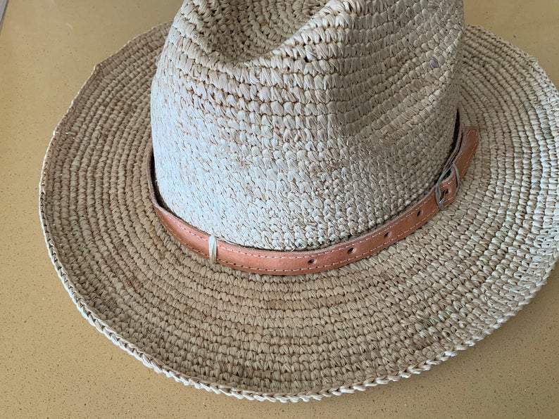 Crochet Raffia Panama Hat with Leather Strap
