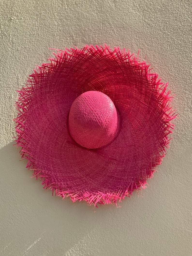 Pink Raffia Hat with Fringe