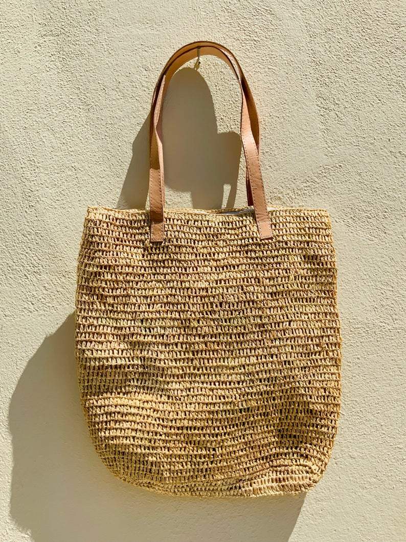 Natural Straw Bag With Zip & Leather Straps