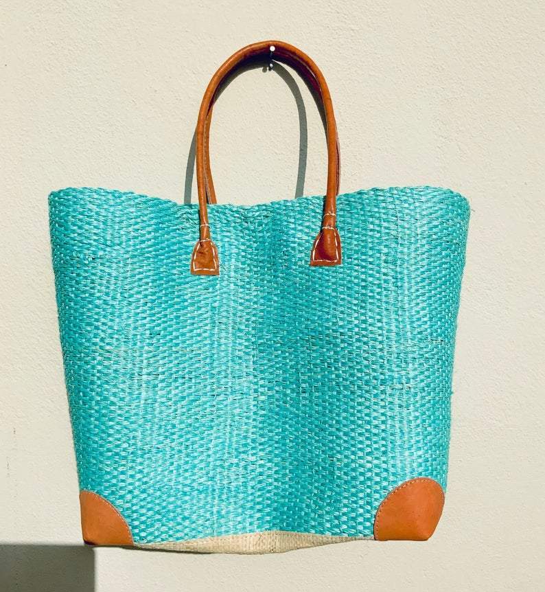 Turquoise Straw tote bag