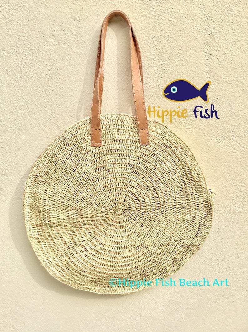Round Straw bag with long leather handles