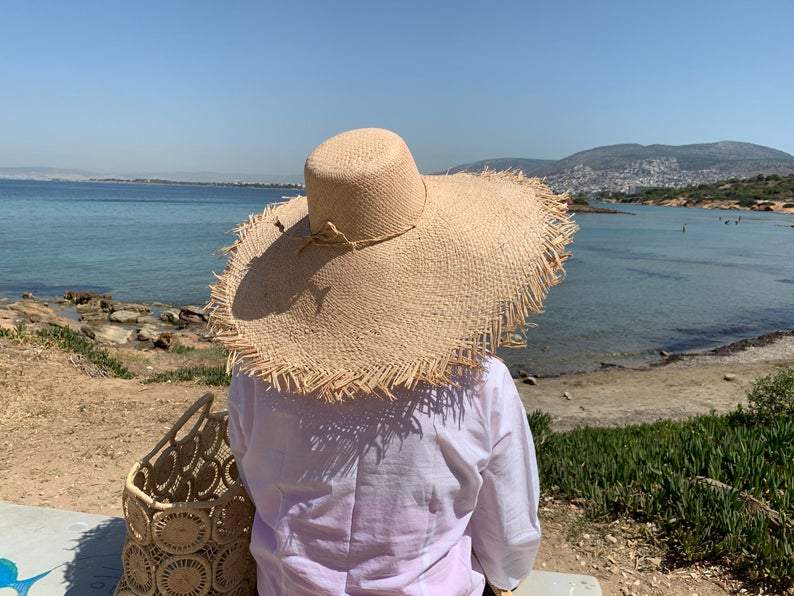 Wide Brim Straw Hat with Fringe - Hippie Fish Beach Art