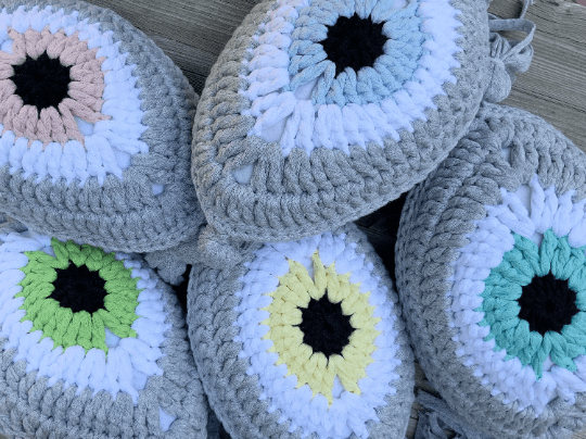 Crochet Eye Cushion Light Grey & Lemon Small
