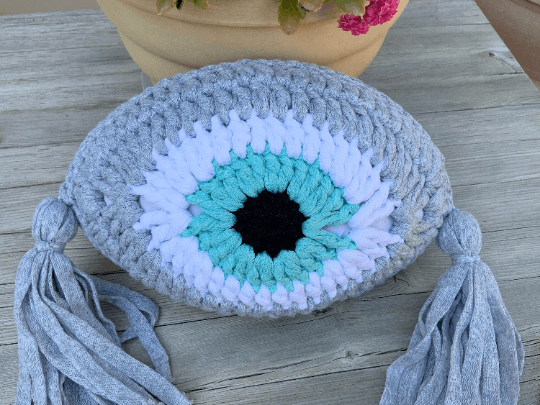 Crochet Eye Cushion Light Grey & Mint Small
