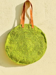 Lime Green Round Straw Shoulder Bag