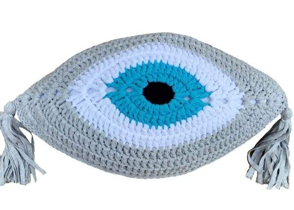 Crochet Eye Cushion Light Grey Turquoise