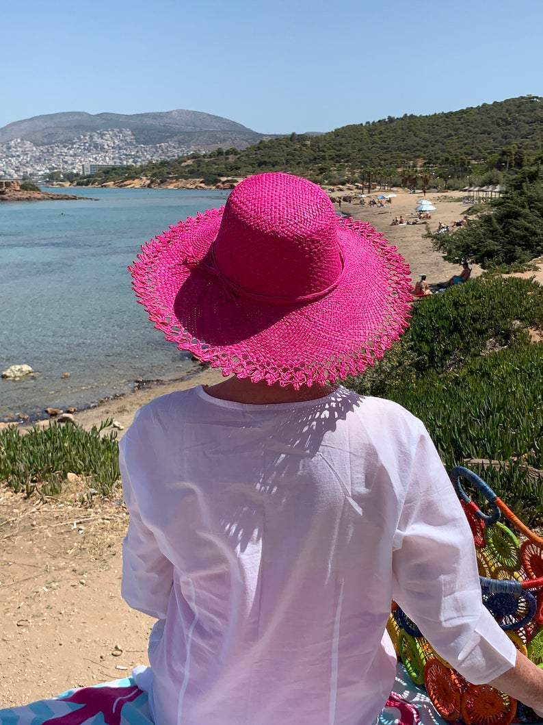 Pink Raffia Sun Hat with Woven Edge