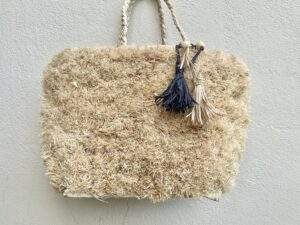 Fuzzy Raffia Straw Covered Tote Bag