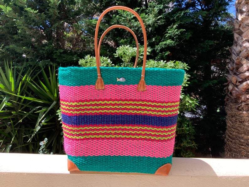 Sisal Striped Beach Tote with Long Handles