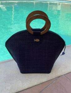 Blue Raffia Bag with Wooden Handles
